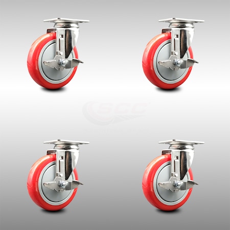 Service Caster 5 Inch 316SS Red Polyurethane Wheel Swivel Top Plate Caster Set with Brake SCC SCC-SS31620S514-PPUB-RED-TLB-4